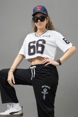 Go Devil 66 Printed White & Black Varsity Crop Jersey For Women