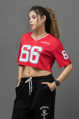 Go Devil 66 Printed Red & White Varsity Crop Jersey For Women