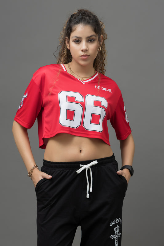 Go Devil 66 Printed Red & White Varsity Crop Jersey For Women