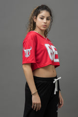 Go Devil 66 Printed Red & White Varsity Crop Jersey For Women