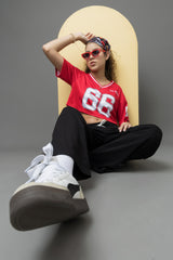 Go Devil 66 Printed Red & White Varsity Crop Jersey For Women