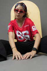 Go Devil 66 Printed Red & White Varsity Crop Jersey For Women