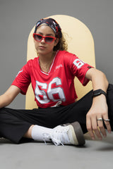 Go Devil 66 Printed Red & White Varsity Crop Jersey For Women