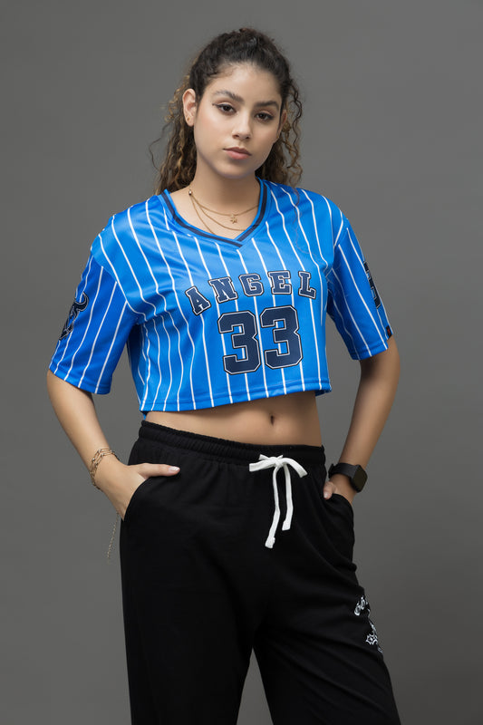 Go Devil 33 Angel Blue & White Pinstripe Crop Jersey For Women