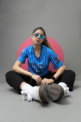 Go Devil 33 Angel Blue & White Pinstripe Crop Jersey For Women