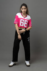 Go Devil 66 Printed Pink & White Varsity Crop Jersey For Women