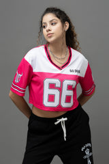 Go Devil 66 Printed Pink & White Varsity Crop Jersey For Women