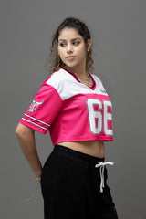 Go Devil 66 Printed Pink & White Varsity Crop Jersey For Women