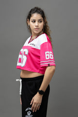 Go Devil 66 Printed Pink & White Varsity Crop Jersey For Women