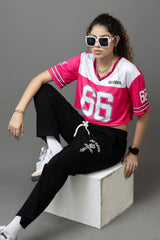 Go Devil 66 Printed Pink & White Varsity Crop Jersey For Women