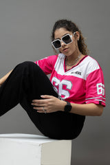Go Devil 66 Printed Pink & White Varsity Crop Jersey For Women