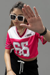 Go Devil 66 Printed Pink & White Varsity Crop Jersey For Women