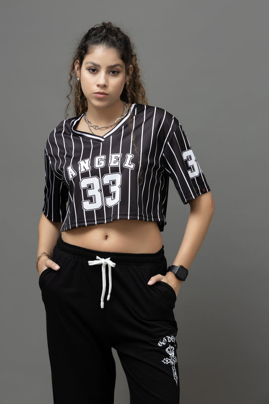Go Devil 33 Angel Black & White Pinstripe Crop Jersey For Women