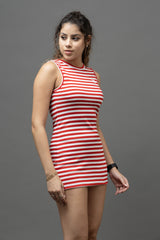 Go Devil Women's Red Striped Bodycon Dress – Sleeveless Ribbed Mini Dress