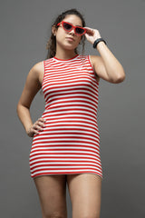 Go Devil Women's Red Striped Bodycon Dress – Sleeveless Ribbed Mini Dress