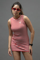 Go Devil Women's Red Striped Bodycon Dress – Sleeveless Ribbed Mini Dress
