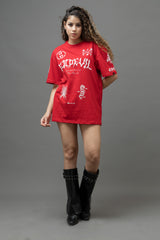 Go Devil Women's Oversized Red Graphic T-Shirt
