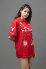 Go Devil Women's Oversized Red Graphic T-Shirt