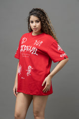 Go Devil Women's Oversized Red Graphic T-Shirt