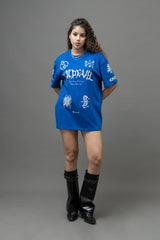 Go Devil Women's Cotton Oversized Blue Graphic T-Shirt