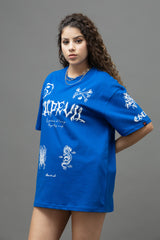 Go Devil Women's Cotton Oversized Blue Graphic T-Shirt