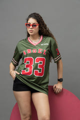 Go Devil ANGEL 33 Varsity Jersey Tee – Military Green & Red Edition