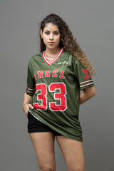 Go Devil ANGEL 33 Varsity Jersey Tee – Military Green & Red Edition