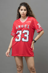 Go Devil ANGEL 33 (In White) Printed Red Oversized Jersey T-shirt For Women's