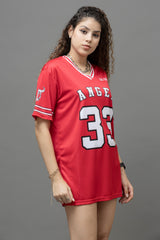 Go Devil ANGEL 33 (In White) Printed Red Oversized Jersey T-shirt For Women's