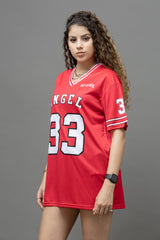 Go Devil ANGEL 33 (In White) Printed Red Oversized Jersey T-shirt For Women's