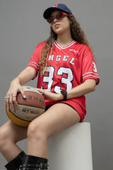 Go Devil ANGEL 33 (In White) Printed Red Oversized Jersey T-shirt For Women's