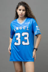Go Devil ANGEL 33 (In White) Printed Blue Oversized Jersey T-shirt For Women's