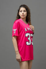 Go Devil ANGEL 33 (In White) Printed Pink Oversized Jersey T-shirt For Women's
