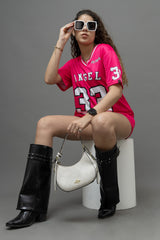 Go Devil ANGEL 33 (In White) Printed Pink Oversized Jersey T-shirt For Women's