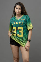Go Devil ANGEL 33 (In Yellow) Printed Green Oversized Jersey T-shirt For Women's
