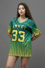 Go Devil ANGEL 33 (In Yellow) Printed Green Oversized Jersey T-shirt For Women's