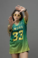 Go Devil ANGEL 33 (In Yellow) Printed Green Oversized Jersey T-shirt For Women's