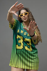 Go Devil ANGEL 33 (In Yellow) Printed Green Oversized Jersey T-shirt For Women's