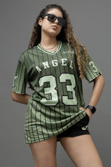 Go Devil ANGEL 33 Printed Army Green Oversized Jersey T-shirt For Women's