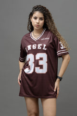Go Devil ANGEL 33 Printed Deep Maroon Oversized Jersey T-shirt For Women's