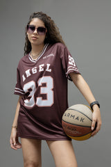 Go Devil ANGEL 33 Printed Deep Maroon Oversized Jersey T-shirt For Women's