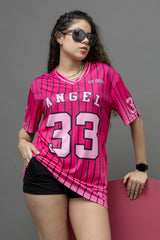 Go Devil ANGEL 33 Printed Pink Oversized Jersey T-shirt For Women's