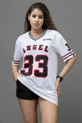 Go Devil ANGEL 33 (In Black) Printed White Oversized Jersey T-shirt For Women's
