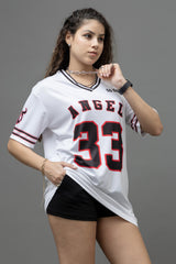 Go Devil ANGEL 33 (In Black) Printed White Oversized Jersey T-shirt For Women's