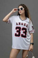 Go Devil ANGEL 33 (In Black) Printed White Oversized Jersey T-shirt For Women's