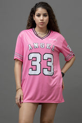 Go Devil ANGEL 33 (In White) Printed Light Pink Oversized Jersey T-shirt For Women's