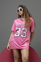 Go Devil ANGEL 33 (In White) Printed Light Pink Oversized Jersey T-shirt For Women's