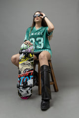 Go Devil ANGEL 33 Printed Aqua Green Oversized Jersey T-shirt For Women's