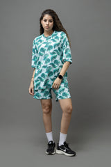 Go Devil Teal Green Leaf Print Polyester White Co-ord Set for Women's