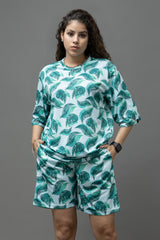 Go Devil Teal Green Leaf Print Polyester White Co-ord Set for Women's